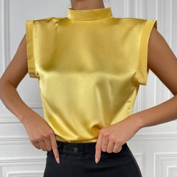 Yellow Chic Draped Back Button Detail Satin Top mi - Picture 3 of 6